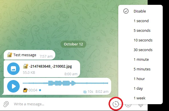 The self-destruct timer list opened from the clock button in the message bar, with the clock button circled.