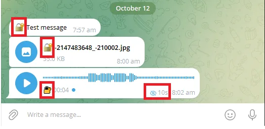 Sent messages each carrying a small lock marker: a text message, a photo and a voice message, the last also showing a 10 second burn timer.